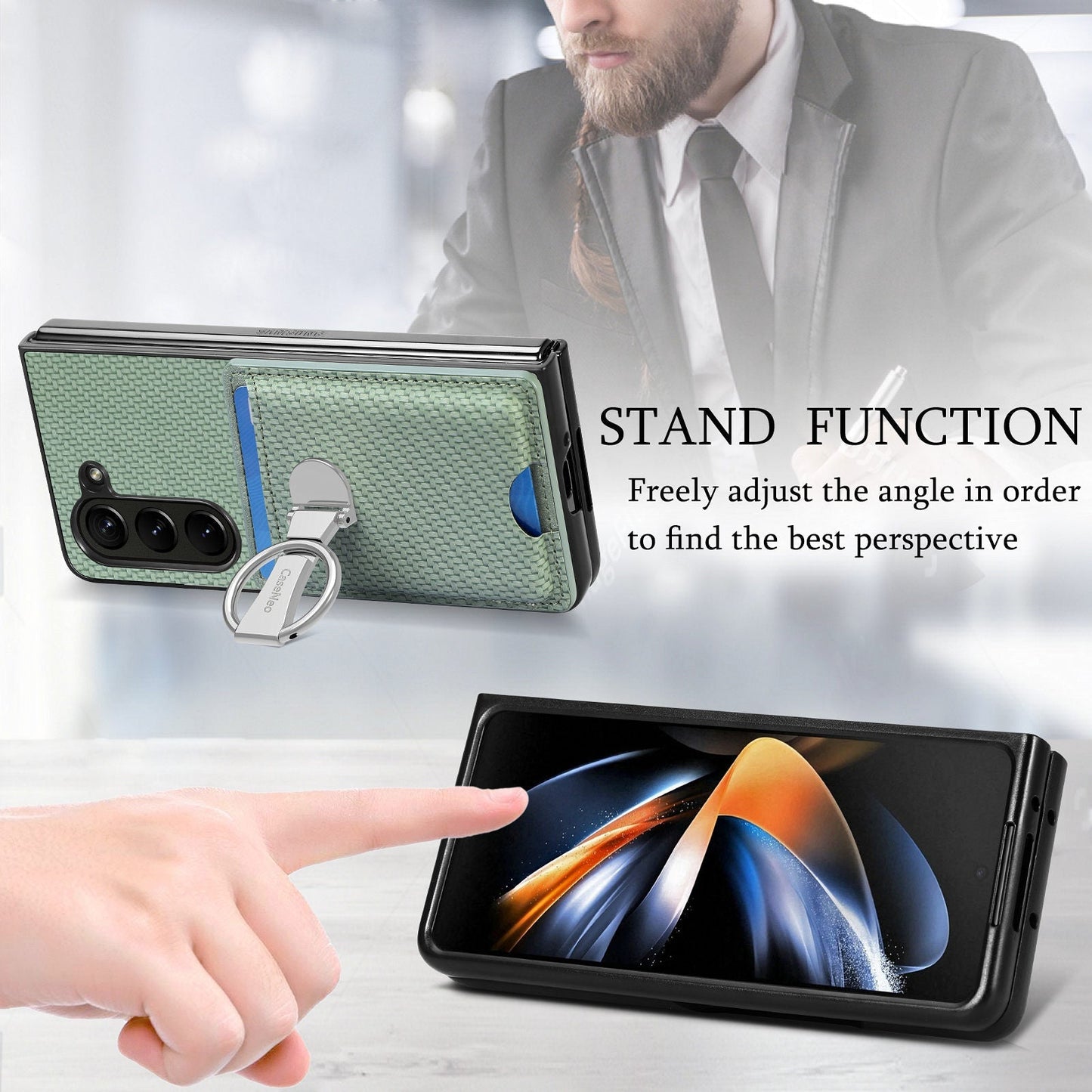 Fibrous Adjustable Ring Holder Wallet Case for Samsung Galaxy Z Fold 5