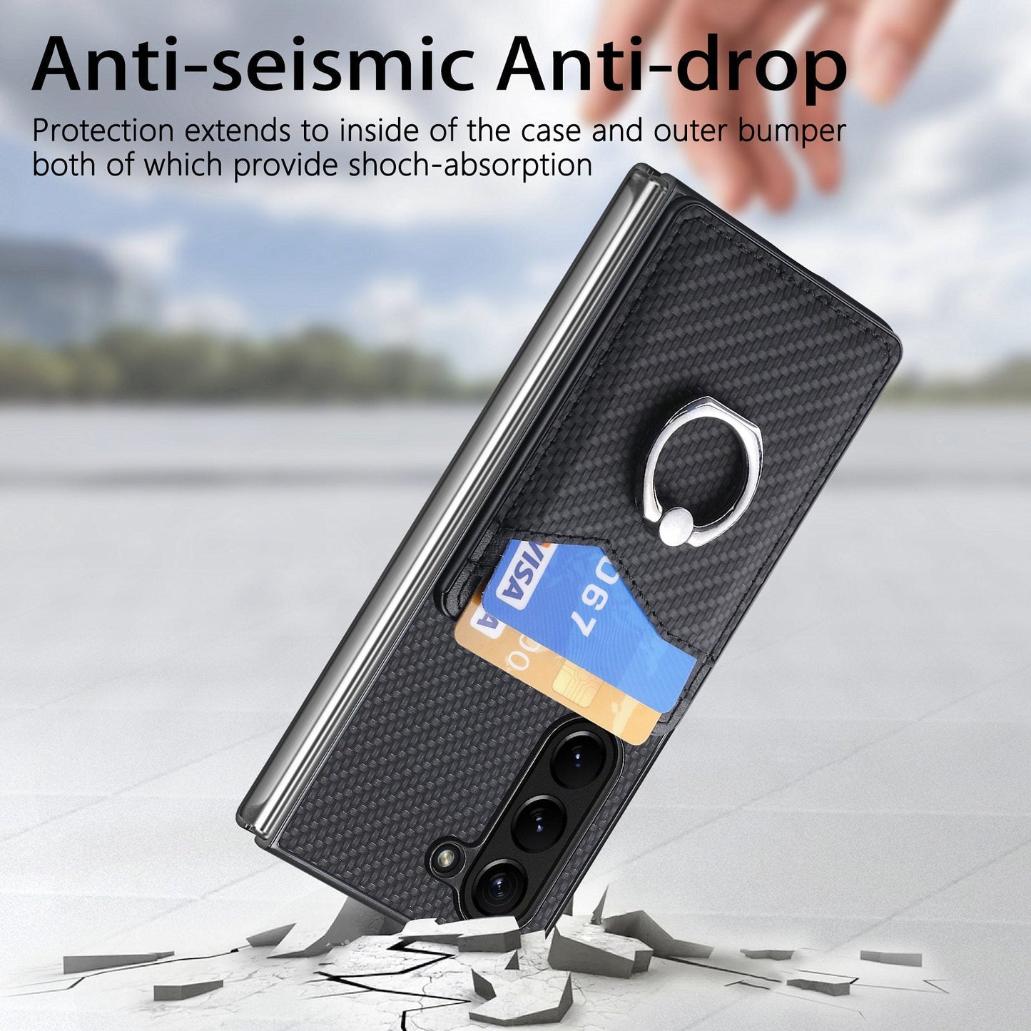 Fibrous Adjustable Ring Holder Wallet Case for Samsung Galaxy Z Fold 5