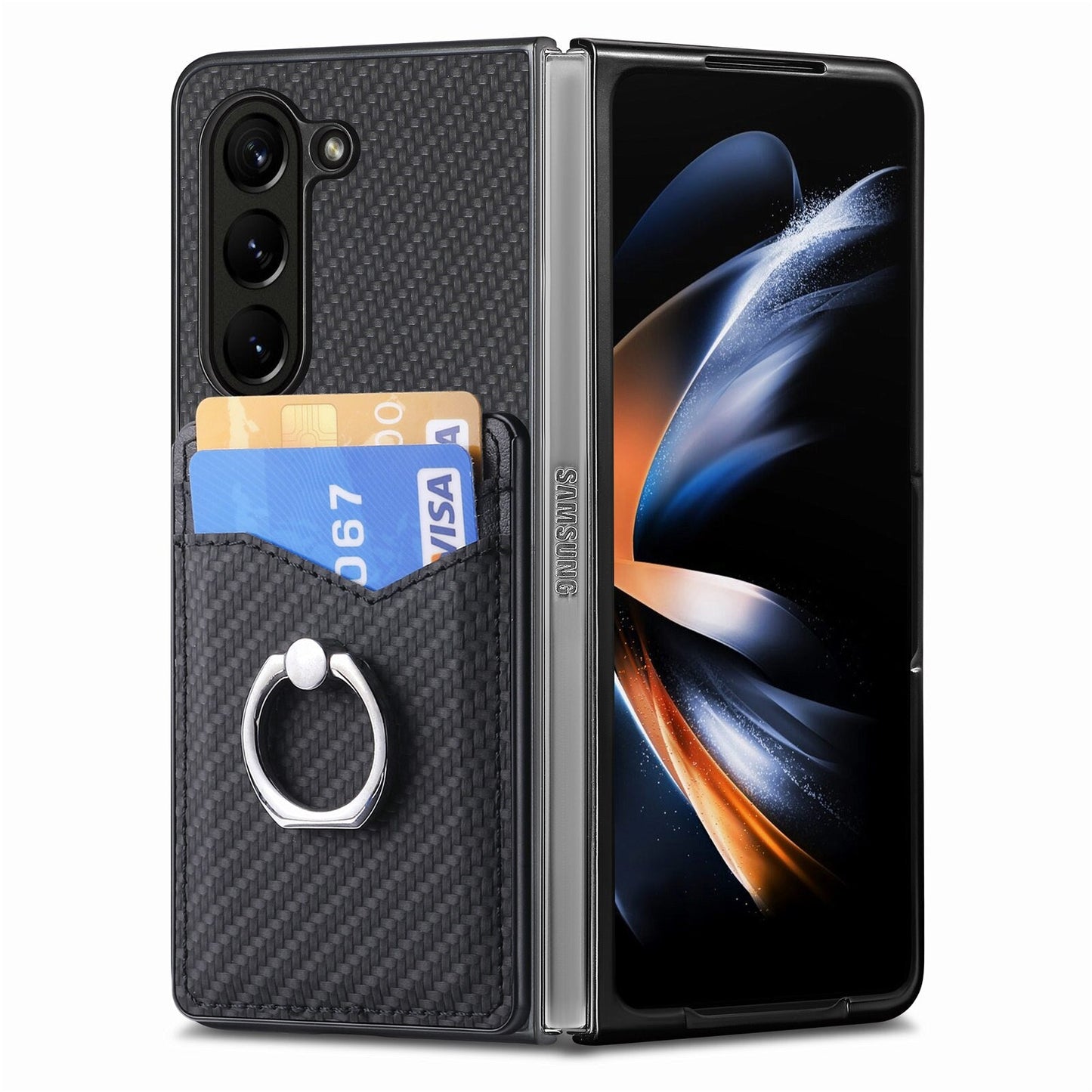 Fibrous Adjustable Ring Holder Wallet Case for Samsung Galaxy Z Fold 5